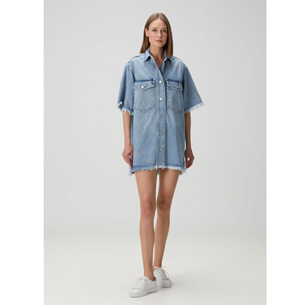 AllSaints Faye Frayed Short Sleeve Mini Denim Dress Jean Raw Edge Button Up - Picture 10 of 14